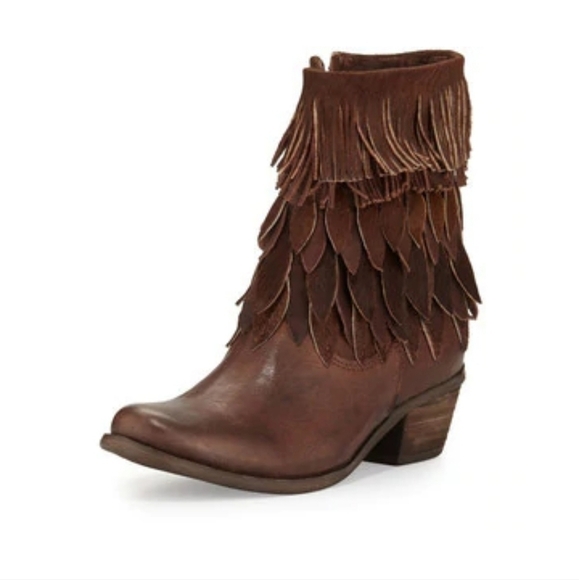 Anthropologie Sheridan Mia SIENNA LEATHER FRINGE BOOTIE - DARK TAN - Picture 1 of 8